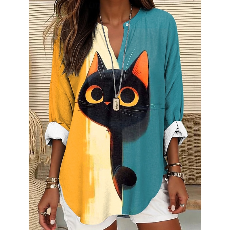 Women's Blouse Tunic V Neck Long Sleeve Boho Casual Summer Tops Graphic Animal Cat Vintage Tropical Regular Tops Daily Wear Print Yellow Light Green Blue Orange Green