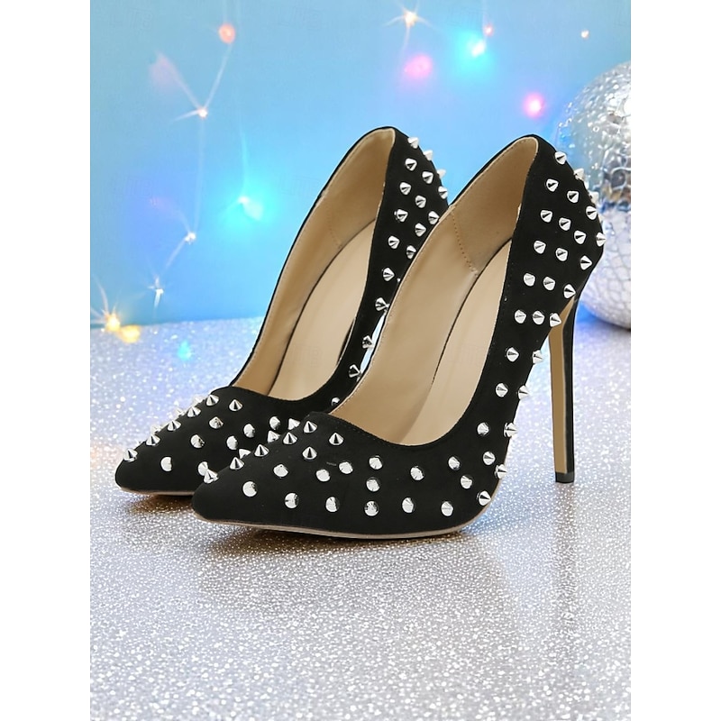 Women's Black Stiletto Heels with Stud Embellishments - Pointed Toe High Heels for Nightlife Parties and Clubwear4