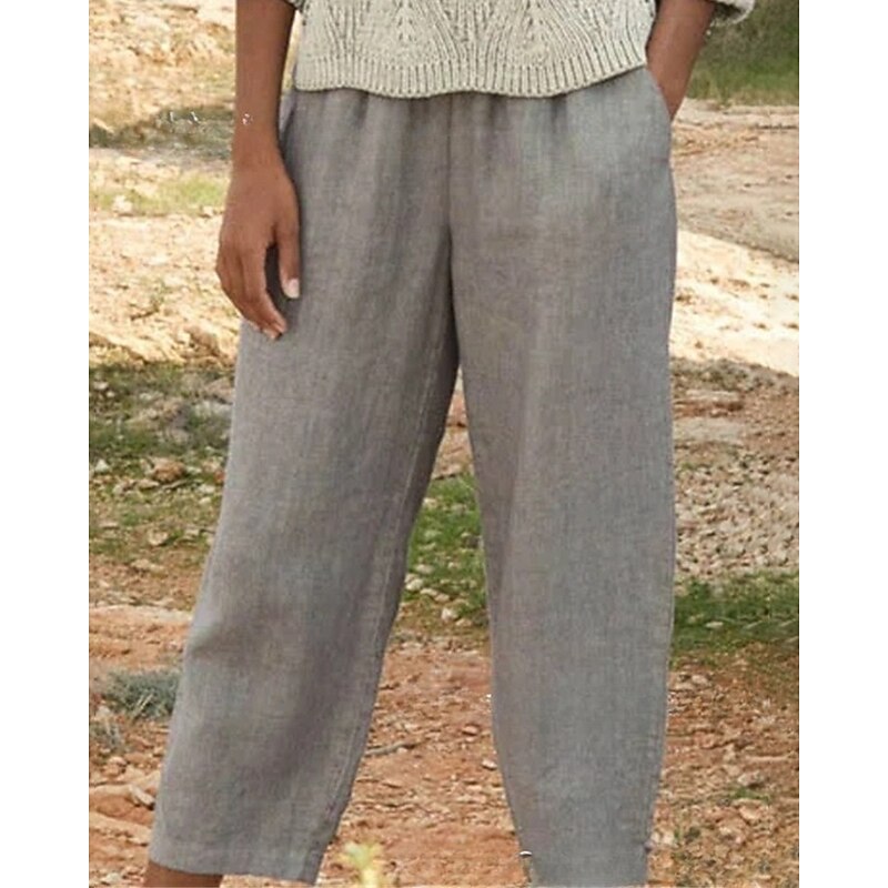 Women's Cotton Linen Pants Slacks Casual Full Length Natural Plain Pocket Elastic Waist Comfy Outdoor Street Casual Daily Grey Summer Regular Fit