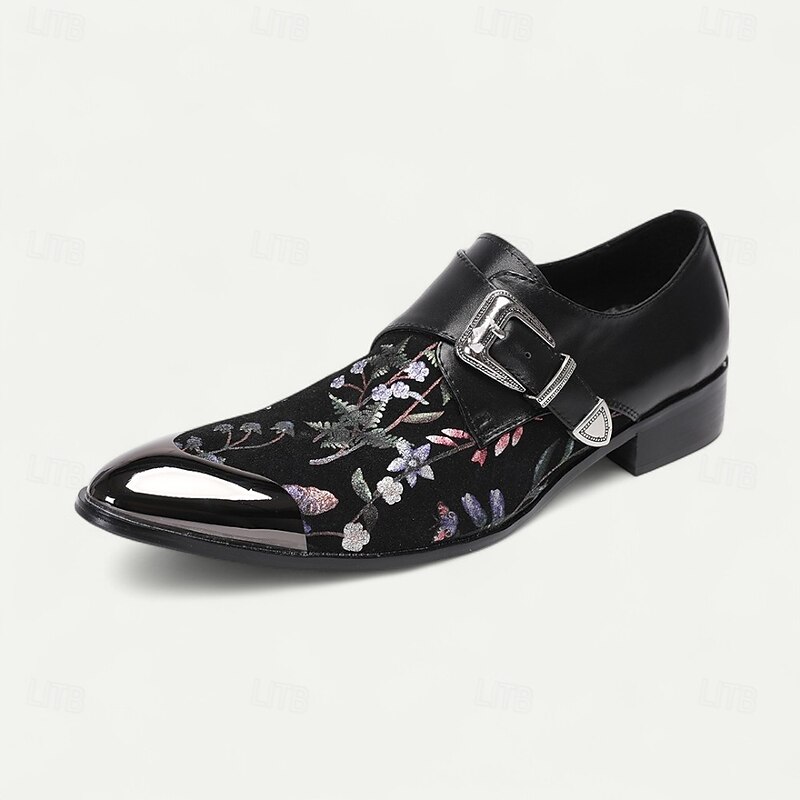 Men's Black Leather Monk Strap Shoes with Gold Tip Floral Embroidery–Stylish Formal Shoes for Gala Dinners and Parties3