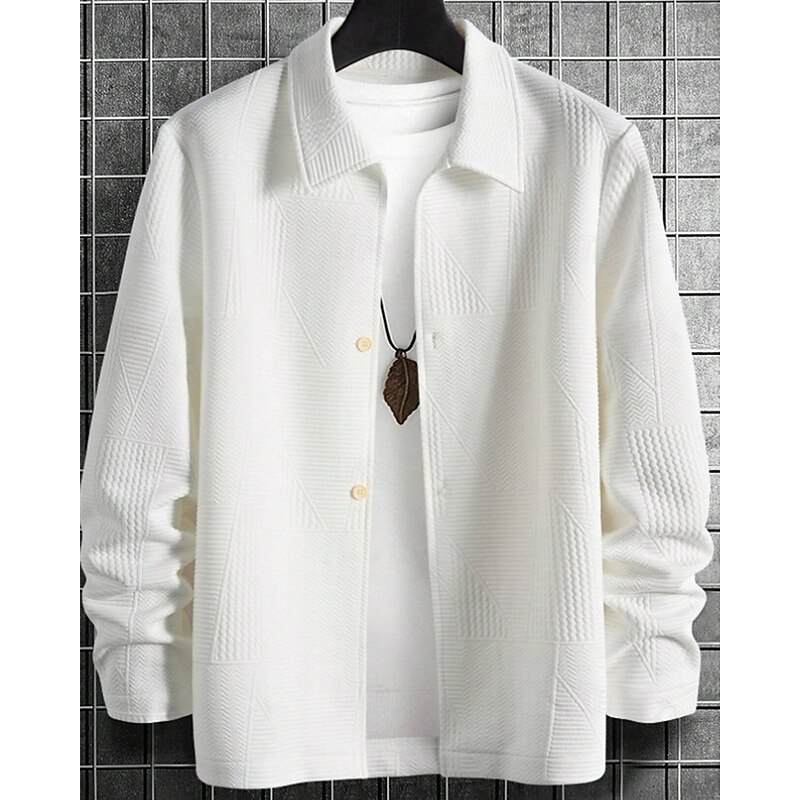 Men's Summer Jacket Shirt Jacket Transition Jacket Vacation Daily Pocket Jacquard Fall & Winter Plain Fashion Classic Lapel Regular Black White Jacket