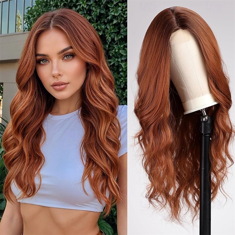 Long Auburn Wavy Wigs for Women Curly Wig with Middle Parting Heat Resistant Fiber Wig for Daily Use