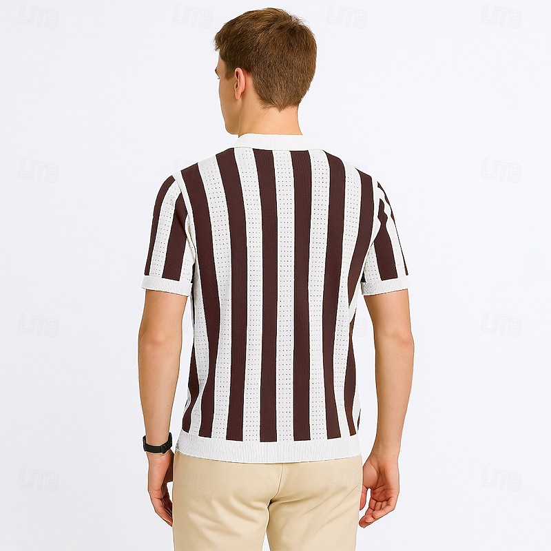 Men's Polo Business Casual Turndown Short Sleeve Mesh Vertical Stripes V Neck Soft Summer Spring Fall Maroon Depression Green Black Dark Coffee Polo4