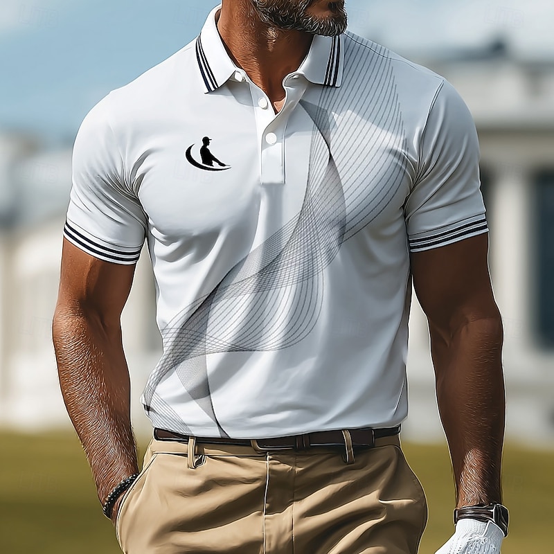 Men's Sports Polo Shirts Casual Sports Lapel Short Sleeve Geometic Line Buttons Summer Robin's Egg Blue Green Gray Sports Polo Shirts