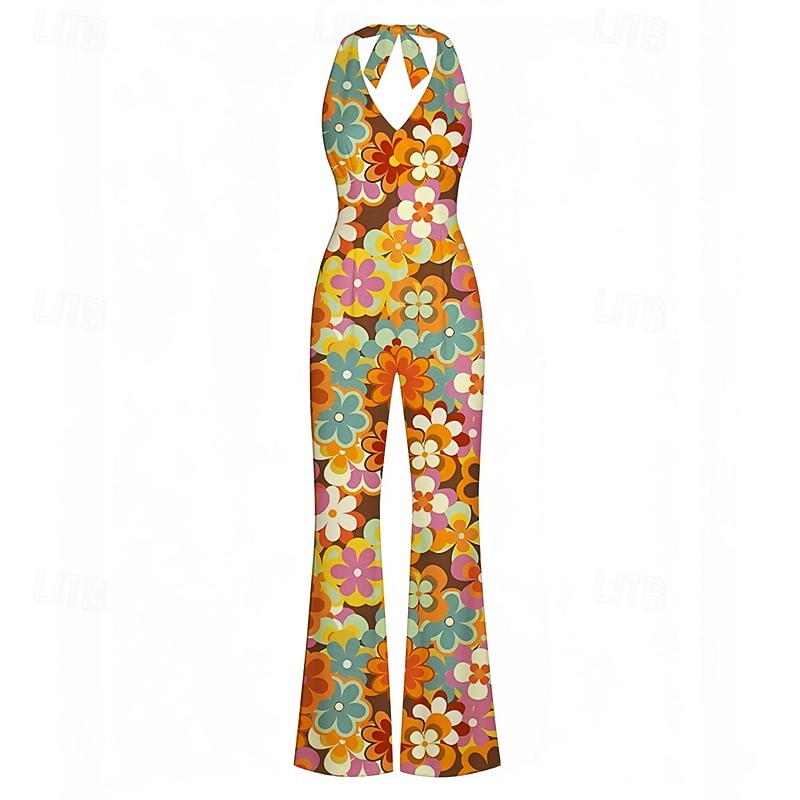 Retro Vintage Boho 1970s Bell Bottoms Jumpsuit Flared Trousers Hippie Disco Floral Fancy Dress Women's Halloween Carnival Vacation Music Festival Festival Adults' Jumpsuit3
