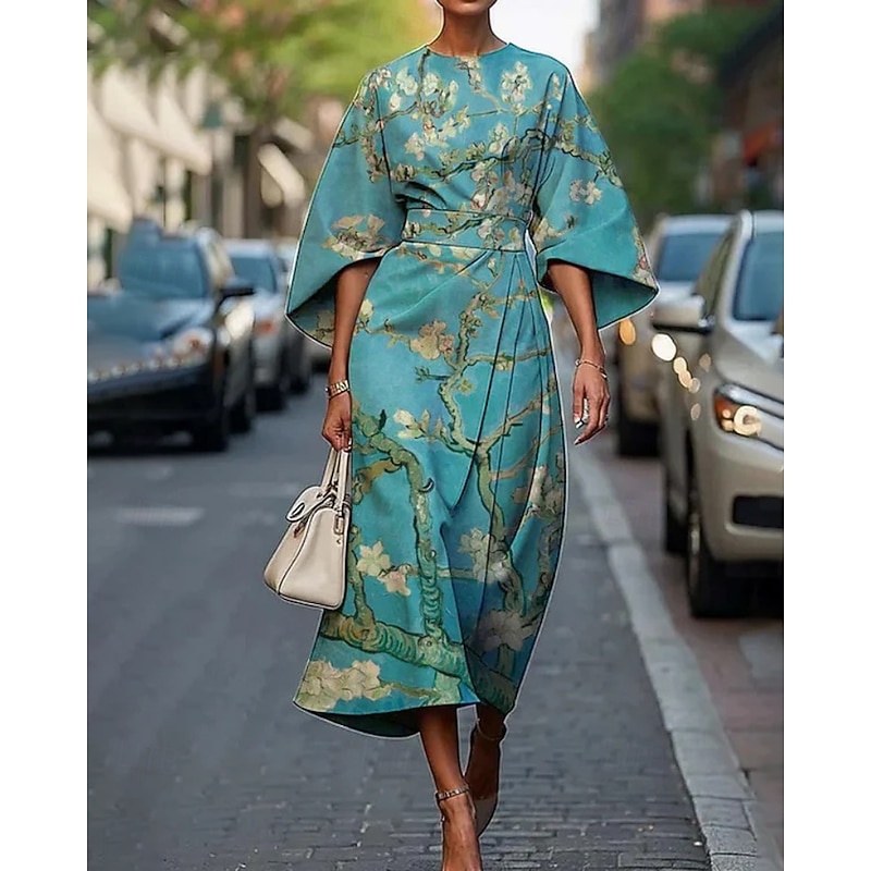 Women's Midi Dress Floral Dress Print Dress Elegant Fashion Outdoor Vacation Daily Regular Fit Flower Half Sleeve Crew Neck Black Pink Blue Purple Summer