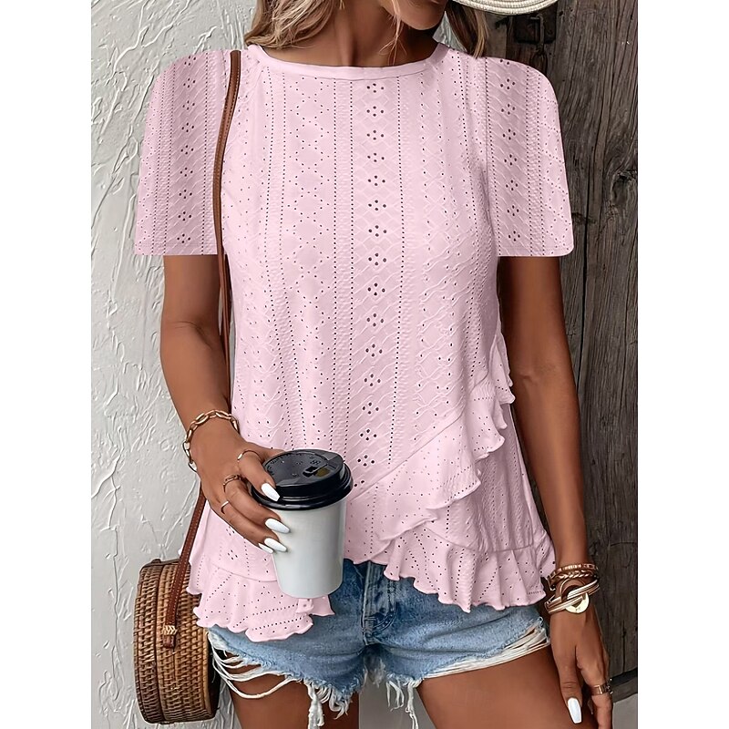 Women's T Shirt Solid Color Plain Basic Casual Short Sleeve Crew Neck Regular Tops Daily Weekend Ruffle Eyelet White Yellow Pink Green Summer4