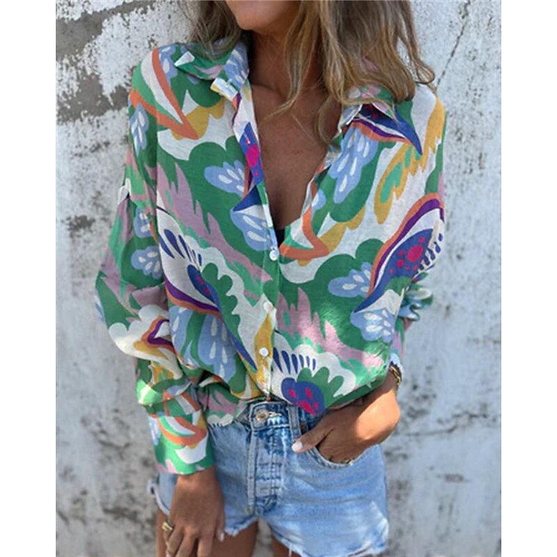 Women's Shirt Color Block Flower Daily Stylish Basic Half Sleeve V Neck Regular Tops Daily Holiday Print Blue Green Beige Spring Fall2