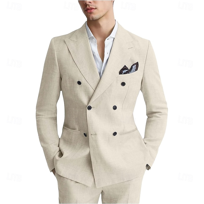Men's Wedding Business Suits Sky Blue Beige Summer Formal Workwear Solid Colored Standard Fit 2 Piece Double Breasted Six-buttons