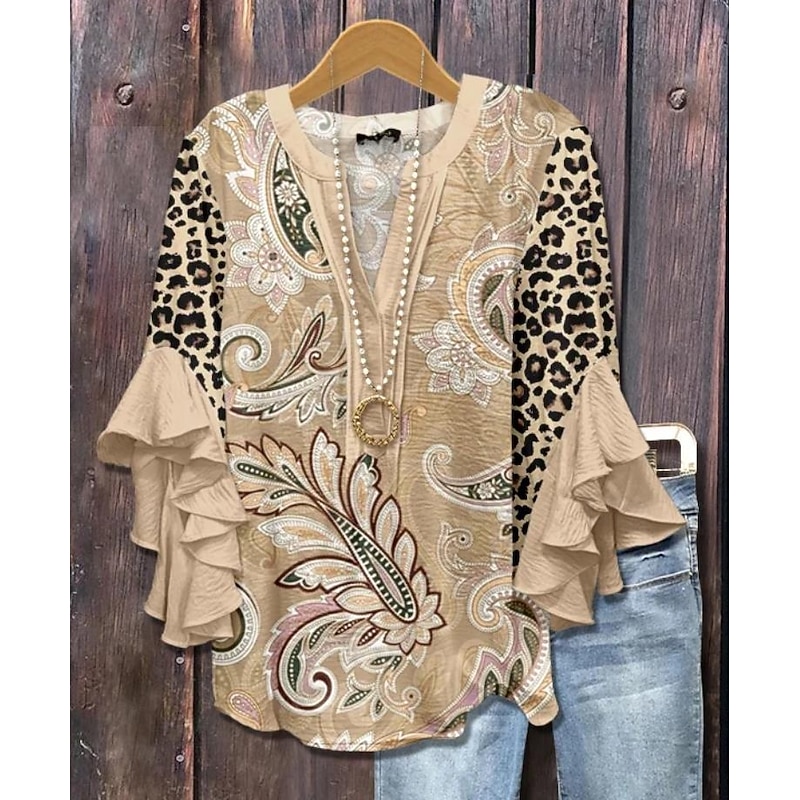 Women's Retro Blouse Layered Ruffle Sleeve Tops Vintage Floral Graphic Bohemia Vintage Daily 3/4 Length Sleeve Regular Tops Daily Holiday Vacation Wear Print Blue Khaki Summer Spring Fall2