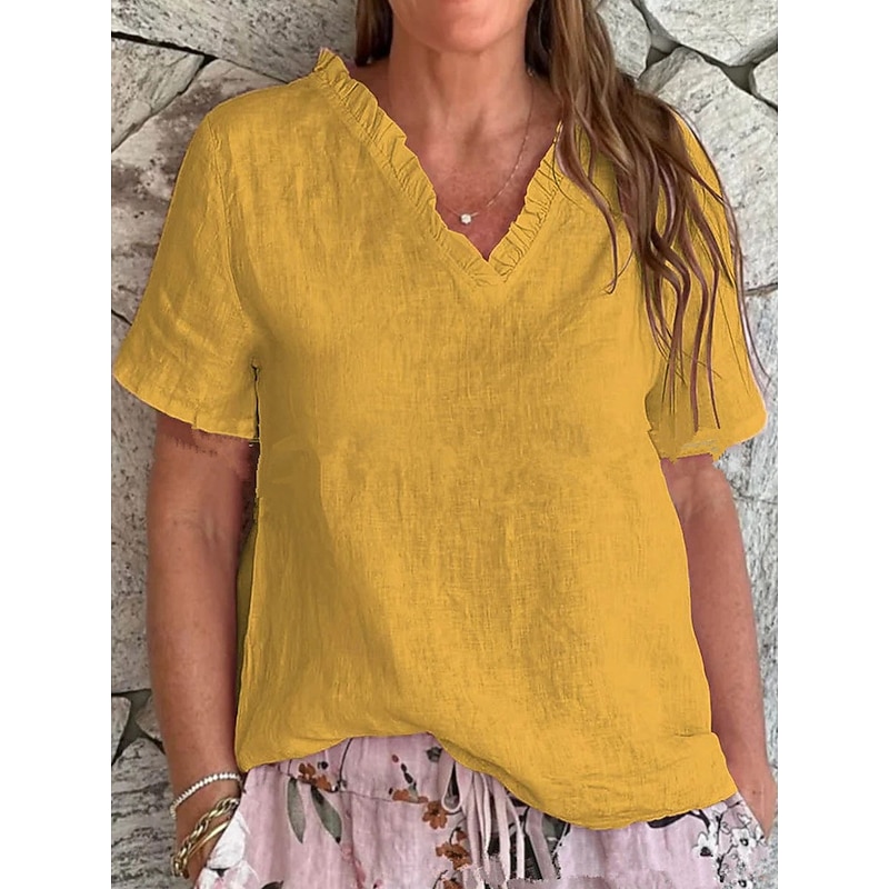 Women's Cotton Linen Blouse Solid Color Elegant Casual Short Sleeve V Neck Regular Tops Daily Holiday Ruffle Black White Yellow Pink Blue Summer Spring4
