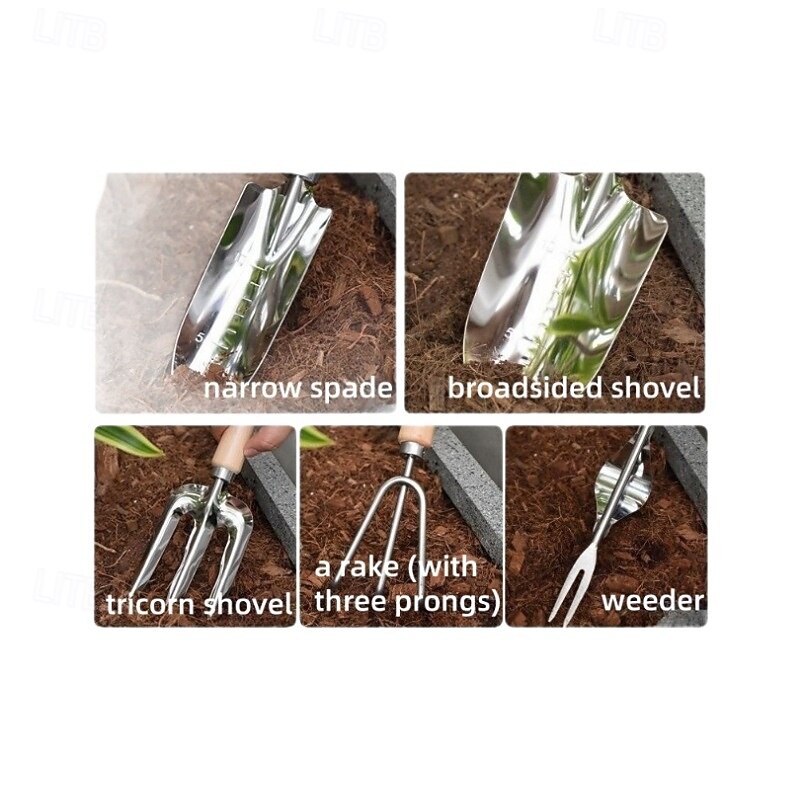 5pcs Garden Tool Set Stainless Steel, Heavy Duty Hand Gardening Kit with Shovel, Rake, Weeder, Trowel, Portable Storage3