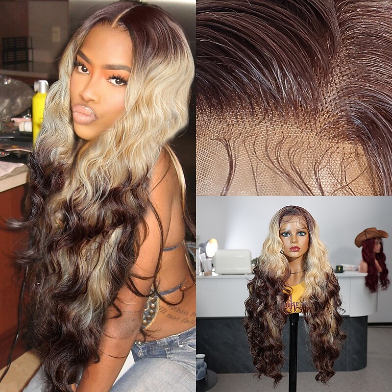 Synthetic Lace Wig Body Wave Style 30 inch Dark Brown Gold Blonde Ombre Middle Part 13x4 Lace Front Wig Women's Wig A1