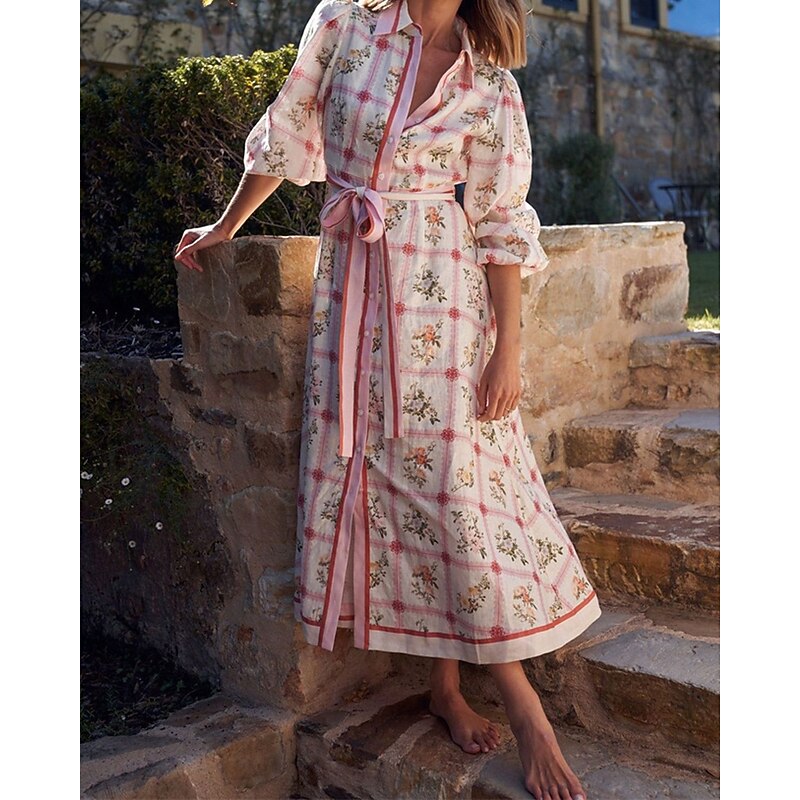 Women's Long Dress Maxi Dress Cotton Linen Dresses Casual Dress Fashion Outdoor Party Holiday Regular Fit Flower 3/4 Length Sleeve Shirt Collar Pink Summer