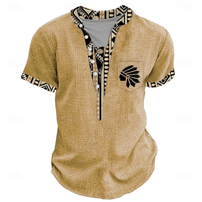 Men's Tribal Ethnic T Shirt Henley Shirt Tee Short Sleeve Designer Basic Ethnic Outdoor Casual Daily Summer Yellow Light Green Khaki Henley Henley T-Shirt4