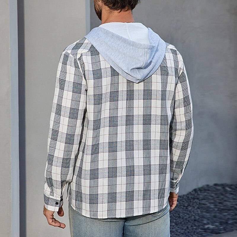 Men's Shirt Jacket Winter Jacket Shacket Plaid / Check Vacation Daily Wear Light Blue Black White Long Sleeve Hooded Winter Autumn / Fall Clothing Apparel Pocket2