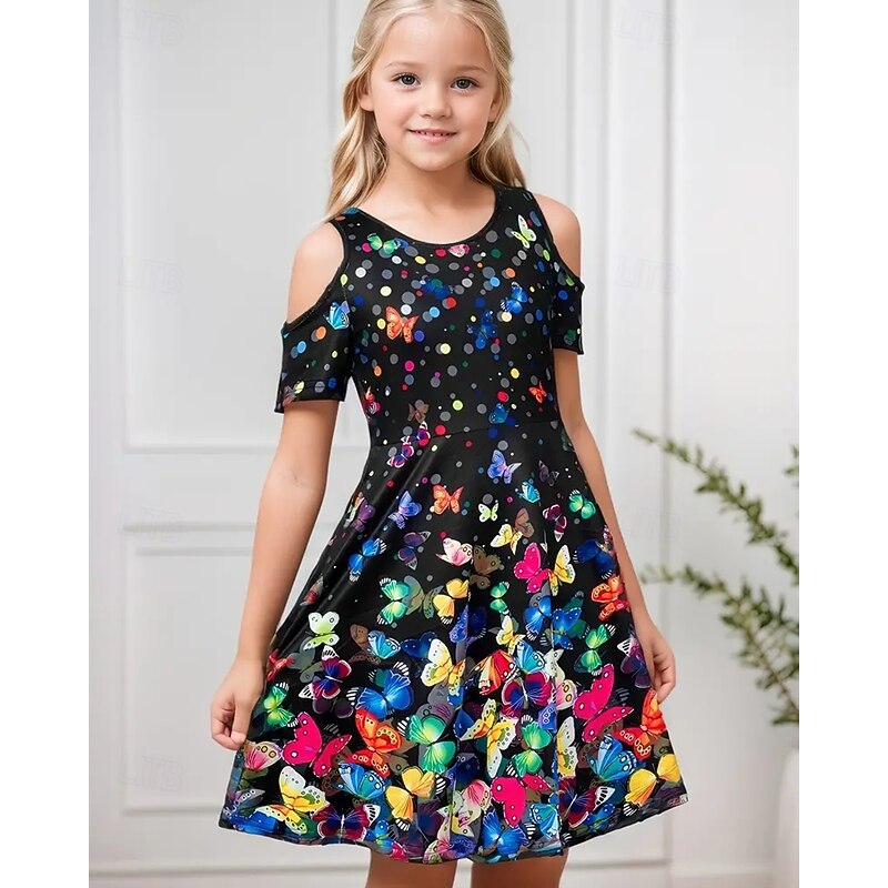 Girls' 3D Butterfly Dress Short Sleeve Summer Spring Vacation Daily Holiday Beautiful Sweet Kids 4-12 Years Casual Dress Knee-length Regular Fit2