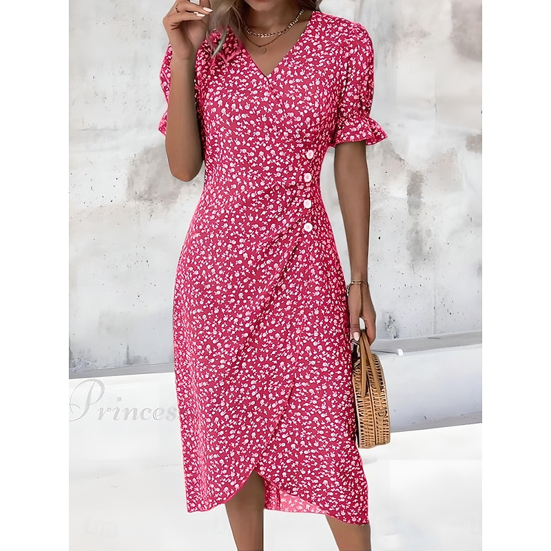 Women's Midi Dress Wrap Dress Elegant Lightweight Puff Sleeve Short Sleeve V Neck Going out Regular Fit Floral Black Pink Blue Green3