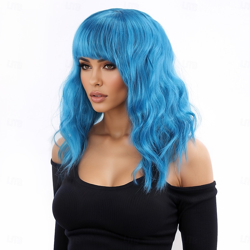 Synthetic Wig Wavy Asymmetrical Neat Bang Machine Made Wig 16 inch A1 Synthetic Hair Women's Elastic Classic Comfortable Multi-color4