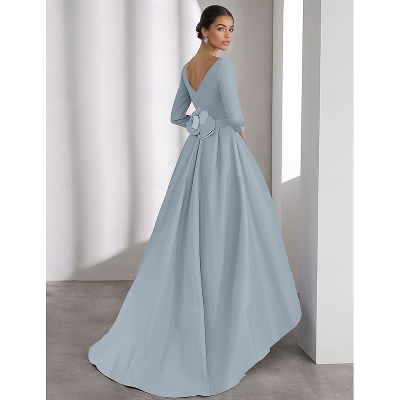A-Line Cocktail Dresses Elegant Dress Formal Wedding Asymmetrical Long Sleeve V Neck Satin with Pocket3