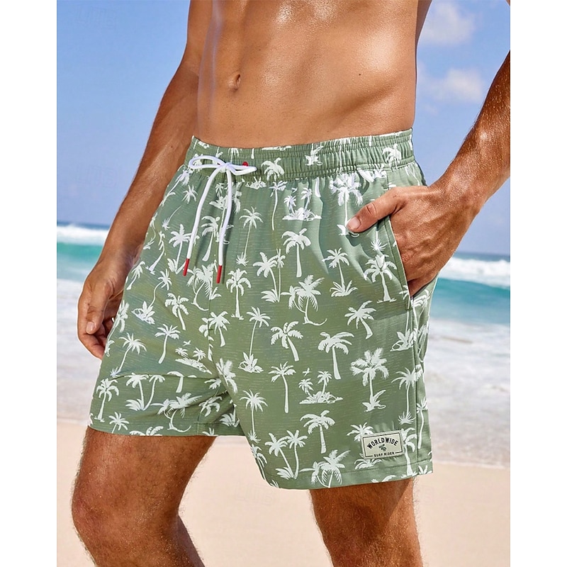 Men's Swim Shorts Board Shorts Swim Trunks Coconut Tree Stripes Quick dry Breathable Drawstring Elastic Waist With Compression Liner Vacation Beach Hawaiian Casual Blue Green4