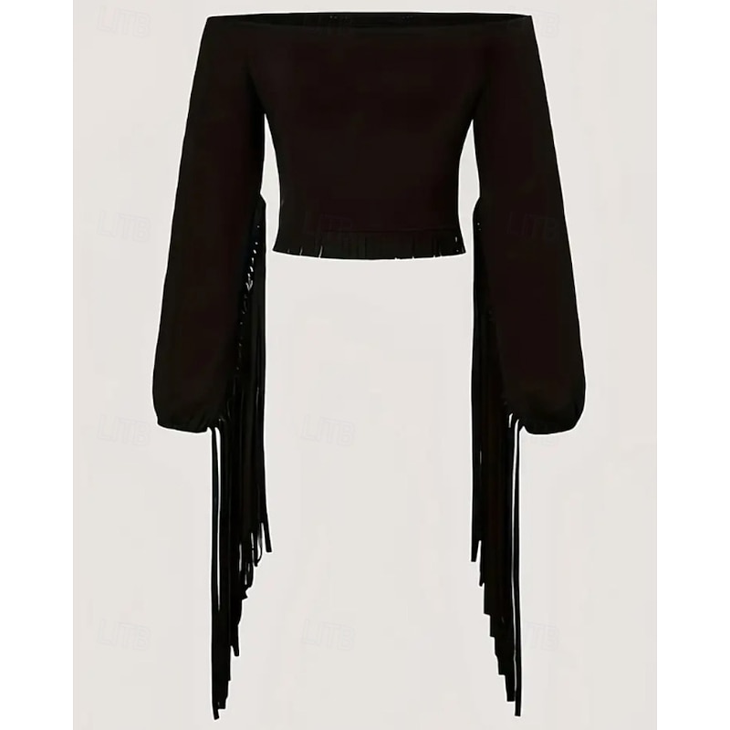 Women's Boho Shirt Blouse Plain Boho Long Sleeve Off Shoulder Crop Tops Holiday Going out Fringe Black Brown Summer2