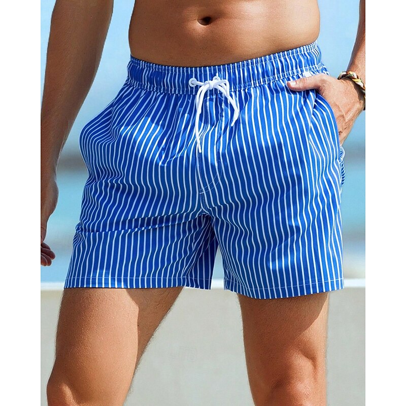 Men's Swim Shorts Board Shorts Swim Trunks Stripes Quick dry Breathable Drawstring Elastic Waist Vacation Beach Hawaiian Casual Red Blue