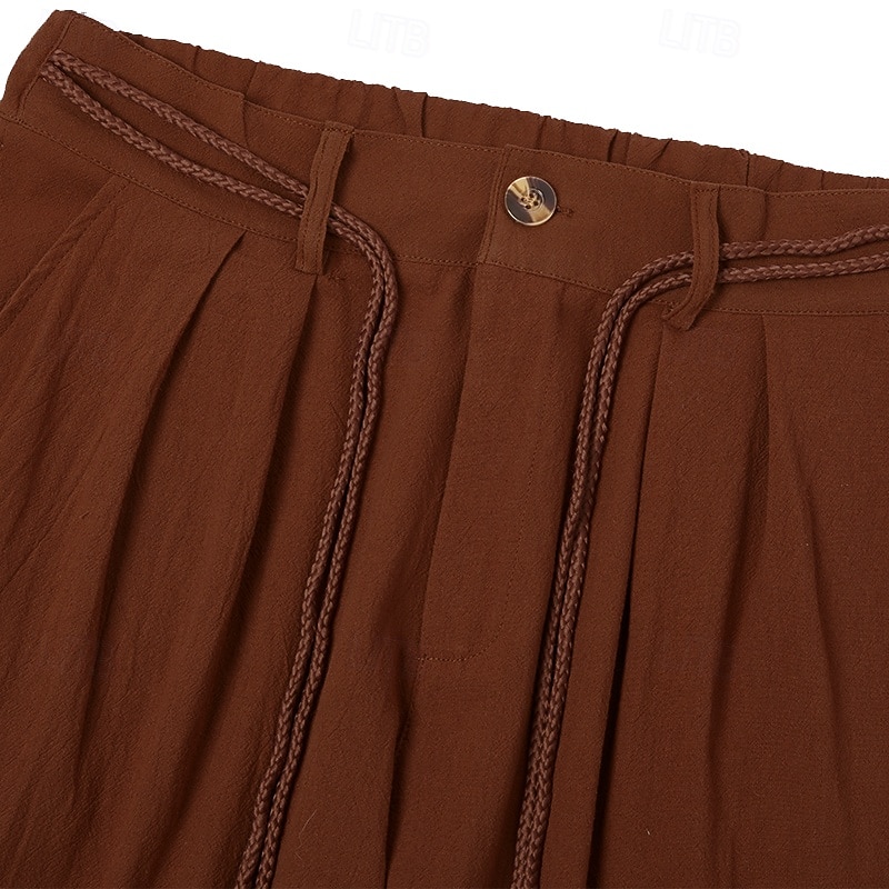 Men's Linen Pants Trousers Summer Pants Baggy Pants Drawstring Elastic Waist Straight Leg Plain Comfort Breathable Full Length Outdoor Yoga Gym Designer Retro Vintage Dark Khaki4