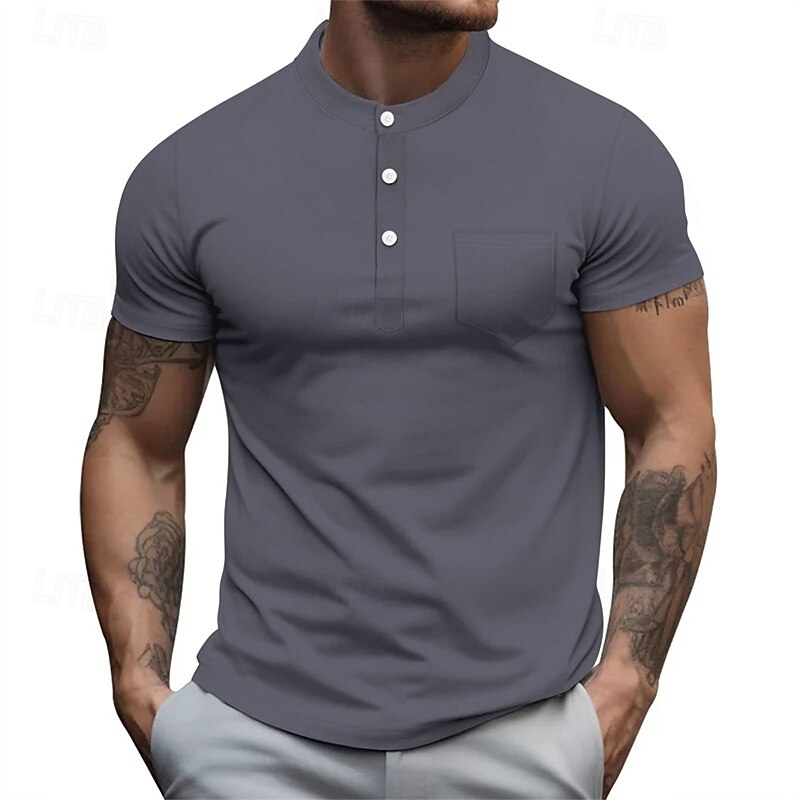 Men's T Shirt Henley Shirt Tee Short Sleeve Shirt Short Sleeve Henley Summer Color Block Fashion Designer Basic Pocket Vacation Street Going out Black White Navy Blue Top Tee for Men3