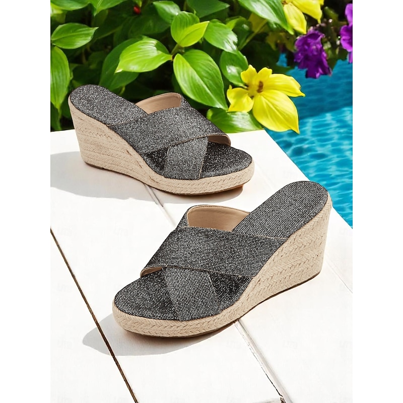 Women's Black Glitter Cross-Strap Espadrille Wedge Sandals – Resort-Ready Comfortable Slides for Beach Vacations4