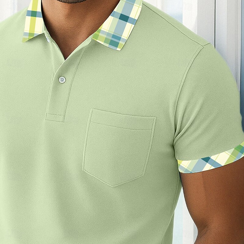 Men's Golf Shirt Pique Polo Shirt Business Casual Ribbed Polo Collar Short Sleeve Fashion Basic Solid Color Plaid Buttons Summer Spring Spring &  Fall Regular Fit Light Green Golf Shirt2