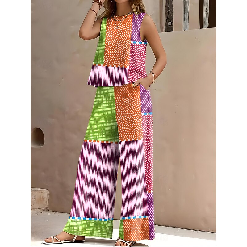 Women's 2 Pieces Vintage Daily Stylish Two Piece Sets Sleeveless Round Neck Graphic Geometric Striped Formal Office Work Pink Blue Brown Summer Regular Fit3