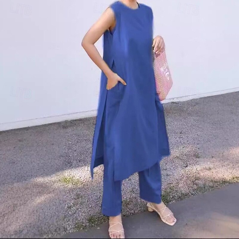 Women's Fashion Streetwear Cotton Linen Sets Pants Sets Short Sleeve Crew Neck Plain Daily Wear Date Pink Blue Green Summer Regular Fit