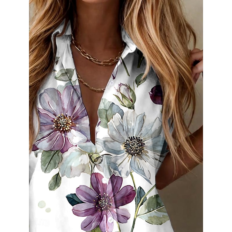Women's Shirt Floral Graphic Vintage Tropical Daily Sleeveless Short Sleeve Cap Sleeve Shirt Collar Long Tops Daily Purple Summer Spring2