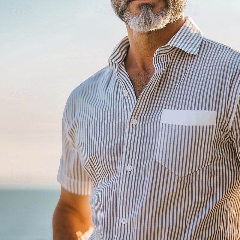 Men's Shirt Linen Shirt Summer Shirt Dress Shirt Beach Shirt Button Up Shirt Striped Vacation Daily Wear Blue Short Sleeve Turndown Summer Clothing Apparel Front Pocket2