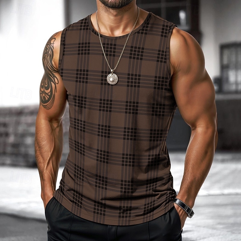 Men's Vest Top Undershirt Sleeveless Shirt Sleeveless Crewneck Spring & Summer Plaid / Striped / Chevron / Round Fashion Designer Vacation Street Going out Black Brown Khaki Top Tee for Men3