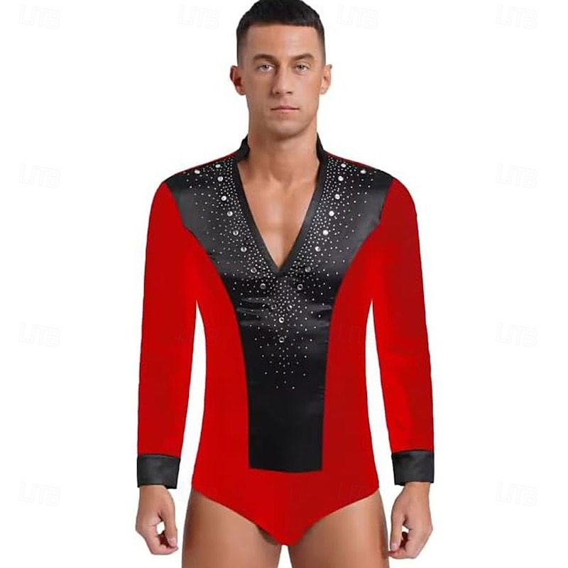 Mens Latin Dance Leotard Shirt Top Figure Skating Costume V Neck Long Sleeve Satin Bodysuit Ballroom Shirts4