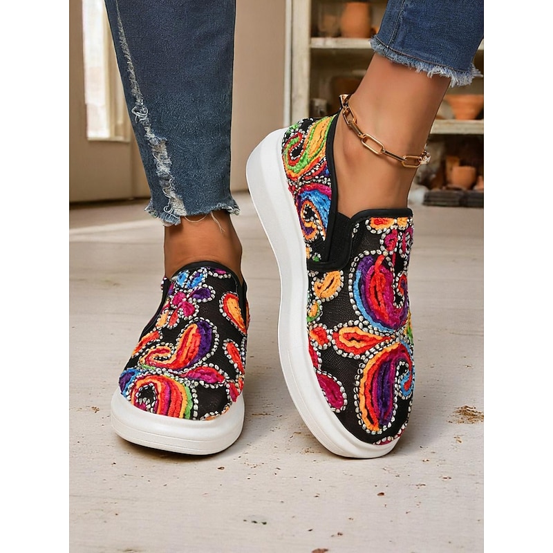 Women's Embroidered Slip-On Sneakers - Colorful Paisley Design with Comfortable Sole, Ideal for Casual Daywear and Fashion-Forward Looks2