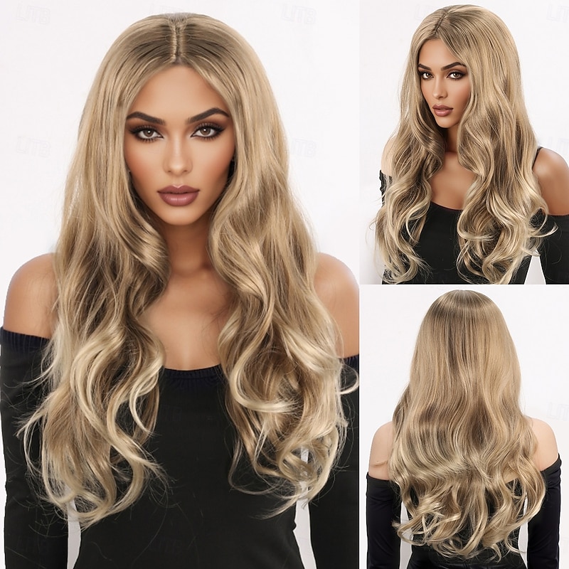 Synthetic Wig Wavy Deep Wave Layered Haircut With Bangs Machine Made Wig 26 inch A1 Synthetic Hair Women's Classic Comfortable Color Gradient Blonde