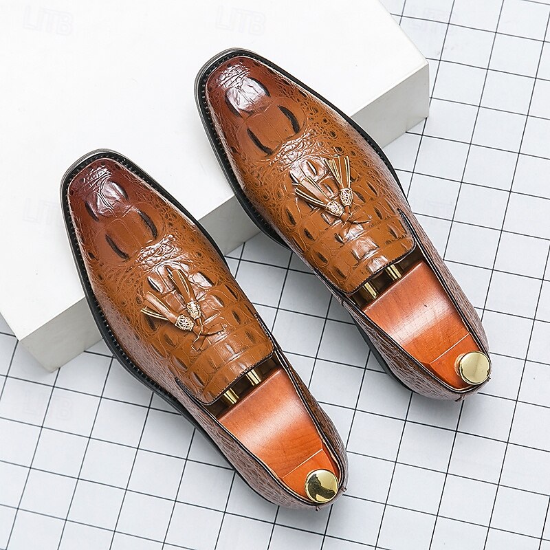 Men's Brown Crocodile Pattern Slip-On Loafers with Tassels – Premium Formal Shoes for Business Meetings, Evening Affairs and Cocktail Parties3