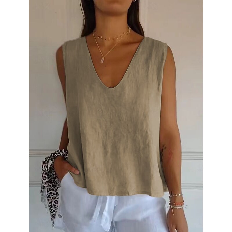 Women's Cotton Linen Shirts Solid Color Daily Modern Long Sleeve V Neck Regular Tops Daily White Blue Khaki Summer2