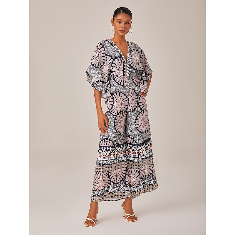 Satin Folk Print Magyar Sleeve Deep V Neck Jumpsuit4