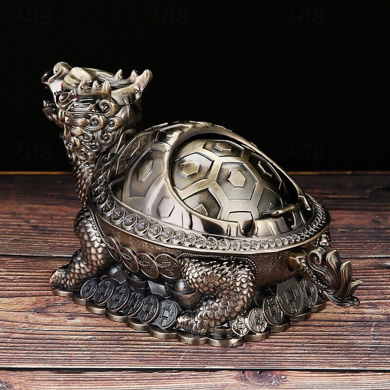 Vintage Ashtray with Lid, Dragon Turtle Windproof Ashtray for Home Living Room, Anti-Smoke Decorative Covered Ashtray Ornament3