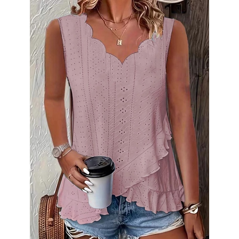Women's Camisole Tank Top Plain Daily Casual Sleeveless V Neck Regular Tops Daily Ruffle Eyelet White Yellow Pink Green Light Blue Summer2