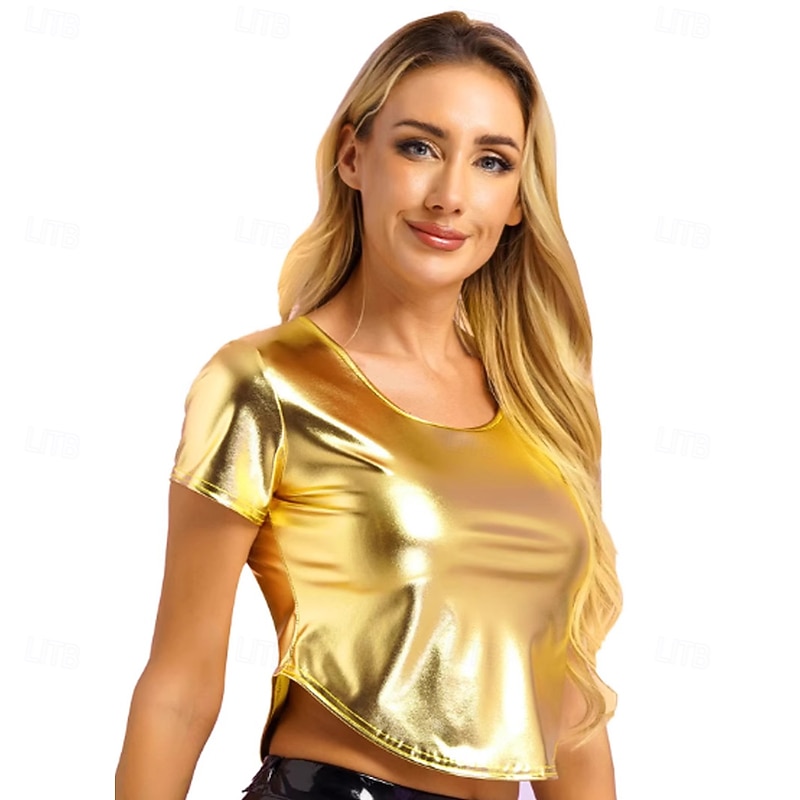 Retro Vintage 1980s T-shirt Crop Top Disco Shiny Latex Patent Metallic Fancy Dress Women's Halloween Carnival Music Festival Pride Parade Pride Month Adults' T-shirt Summer2