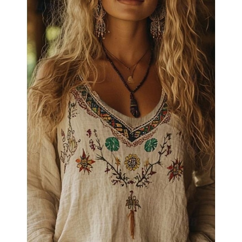 Women's Western Blouse Boho Shirt Blouse Flower Modern Casual Long Sleeve V Neck Regular Tops Daily Holiday Going out Print Apricot Summer2