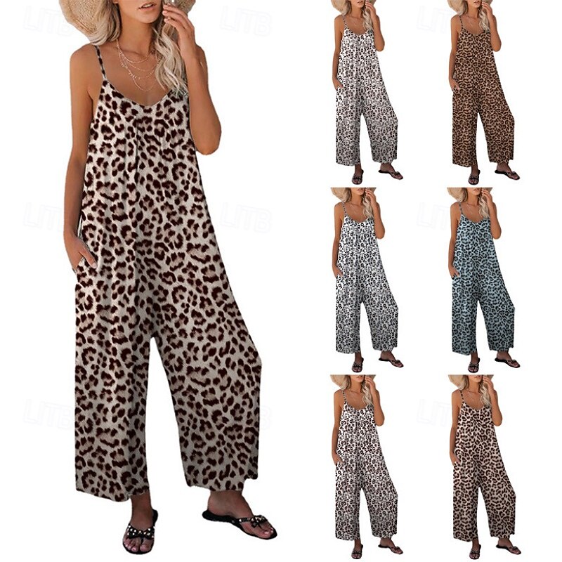 Women's Normal Jumpsuit Streetwear Leopard Sleeveless V Neck Pocket Print Daily Holiday Regular Fit Pink Royal Blue Light Brown Summer