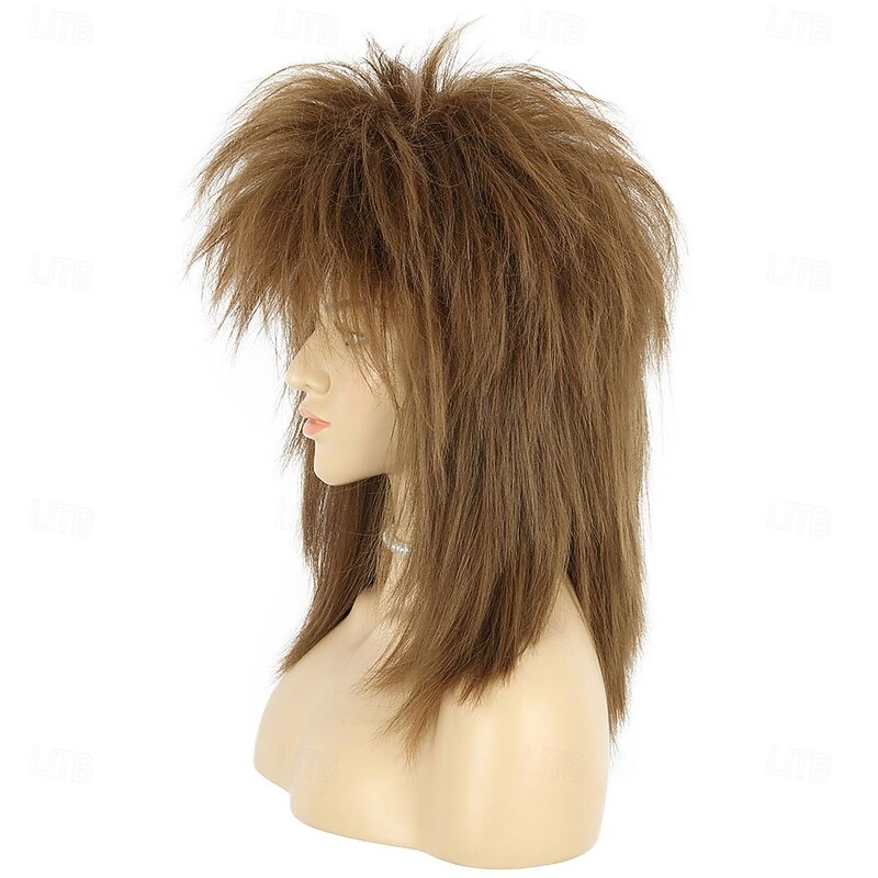 70s 80s Mullet Wig Women Shoulder Length Straight Brown Wig with Necklace Rock Disco Cosplay Party Halloween Costume Wig3