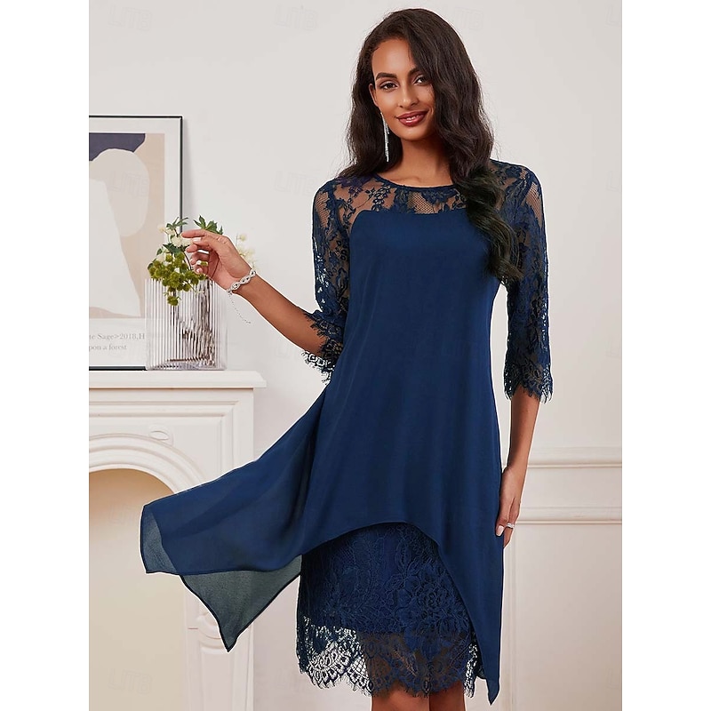 Women's Wedding Guest Dress Plain Dress Midi Dress Lace Chiffon Patchwork Casual Crew Neck 3/4 Length Sleeve Cocktail Dresses Formal Dresses Blue Color4