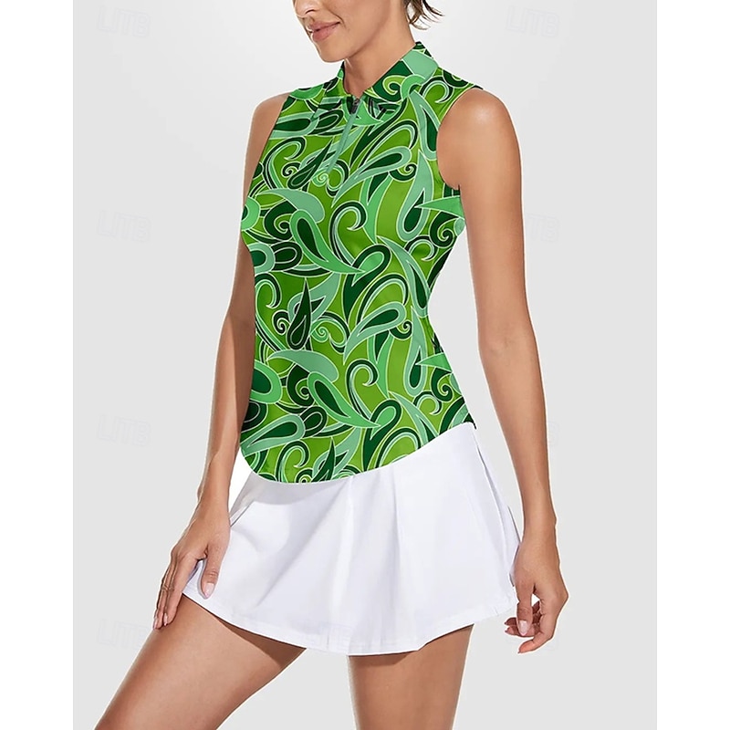 Women's Abstract Art Tennis Shirt Sleeveless Print UPF50+ Quick Dry Tennis Golf Badminton Zip Collar Tee Tshirt Top Green Tennis Clothing3